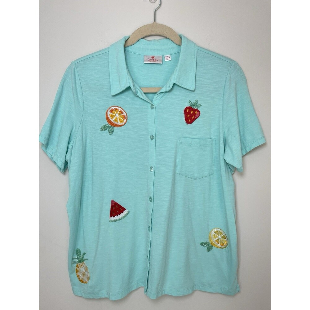 Quacker Factory Women's Cutie Fruity Beaded Embroidered Polo Shirt‎ XL Summer